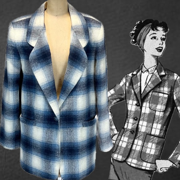 VINTAGE tartan plaid wool blazer suit jacket coat womens 80s 70s dark academia - Picture 1 of 13
